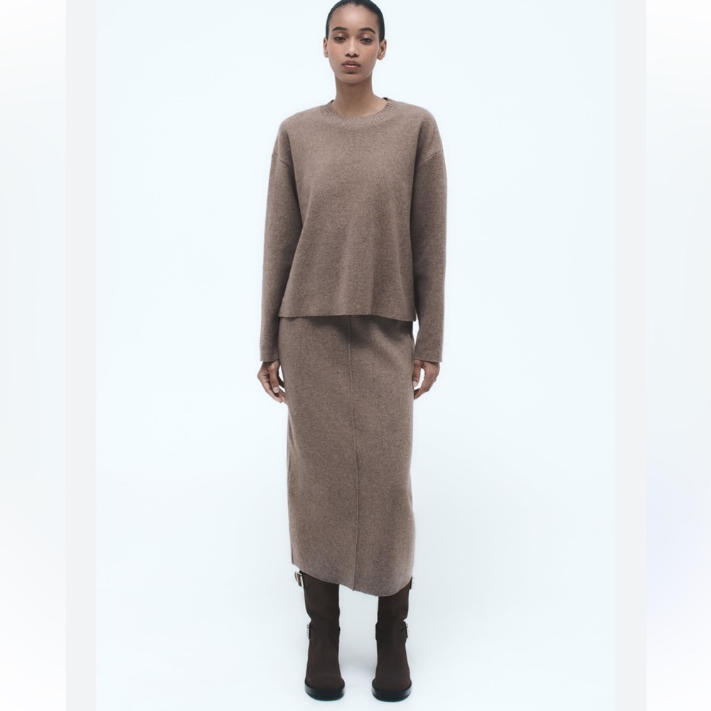 ZARA Brown Soft Sweater Midi Skirt Sweater Set